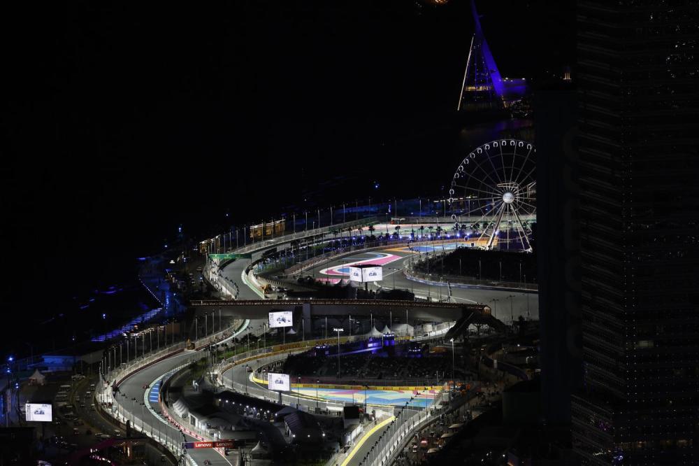 JEDDAH STREET CIRCUIT, SAUDI ARABIA - MARCH 17: An aerial view of the action at night during the Saudi Arabian GP at Jeddah Street Circuit on Friday March 17, 2023 in Jeddah, Saudi Arabia. (Photo by Sam Bloxham / LAT Images)