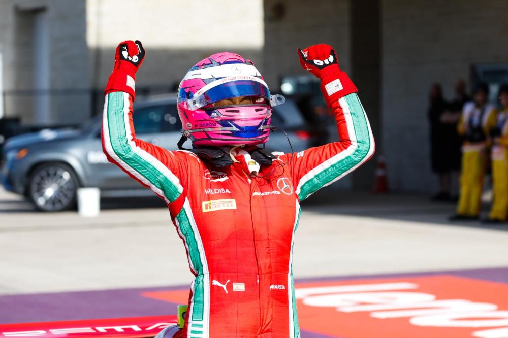 CIRCUIT OF THE AMERICAS, UNITED STATES OF AMERICA - OCTOBER 21: Marta Garcia celebrates winning the F1 Academy Championship in Parc Ferme during the United States GP at Circuit of the Americas on Saturday October 21, 2023 in Austin, United States of America. (Photo by LAT Images)